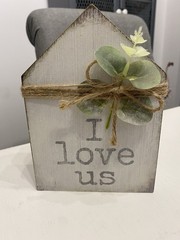 Rustic White Wash «I Love Us» Block House with Twine Bow & Greenery