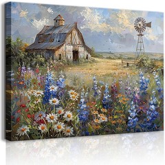 Barn Windmill Canvas Wall Art Blue Country Wildflowers Meadow Wall Decor Coun