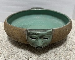 Vintage Sculpted Face Bowl Art Deco Turquoise Glazed Pottery Jardiniere Planter￼