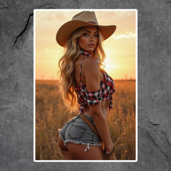 Pinup girl sticker vinyl decal blonde cowgirl in cowboy hat plaid shirt shorts