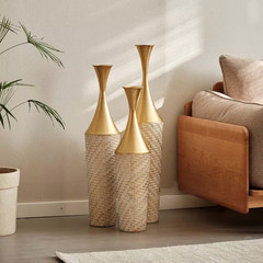 27 In./31 In./35 In. 3-Piece Gold Floor Metal Vase Decorative Woven Pattern Cyli