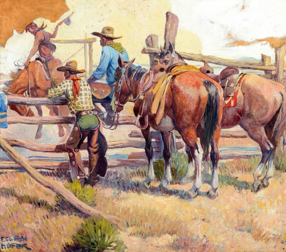 Stretched canvas art print giclée – poster – Pillow – Cowboy Breaking a Bronc