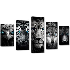 Black and White Animal Canvas Wall Art 5 Pieces Blue Eyes Eagle Bear Tiger Wolf