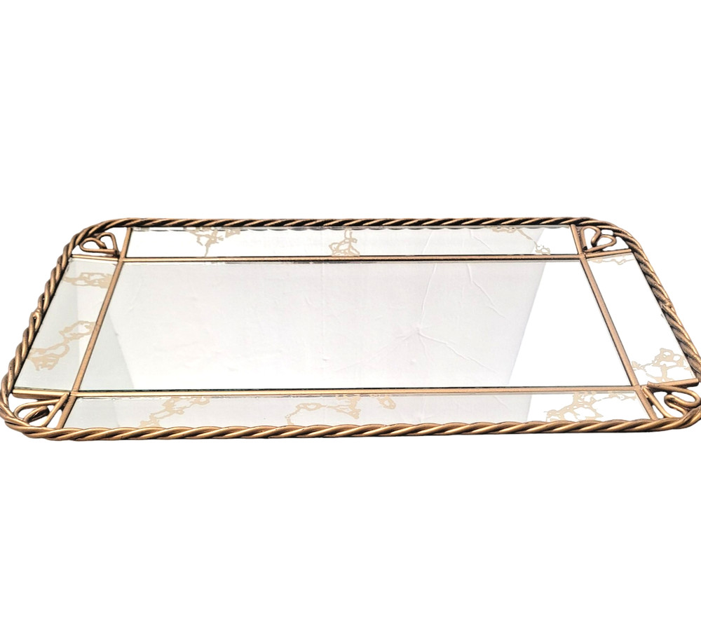 Vintage Mirror Vanity or Wall Tray Gold Tone Hearts Metal Vertical or Horizontal