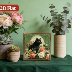 Dark Green Floral Cat Wooden Plaque for Cat Lovers Victorian Home Decor