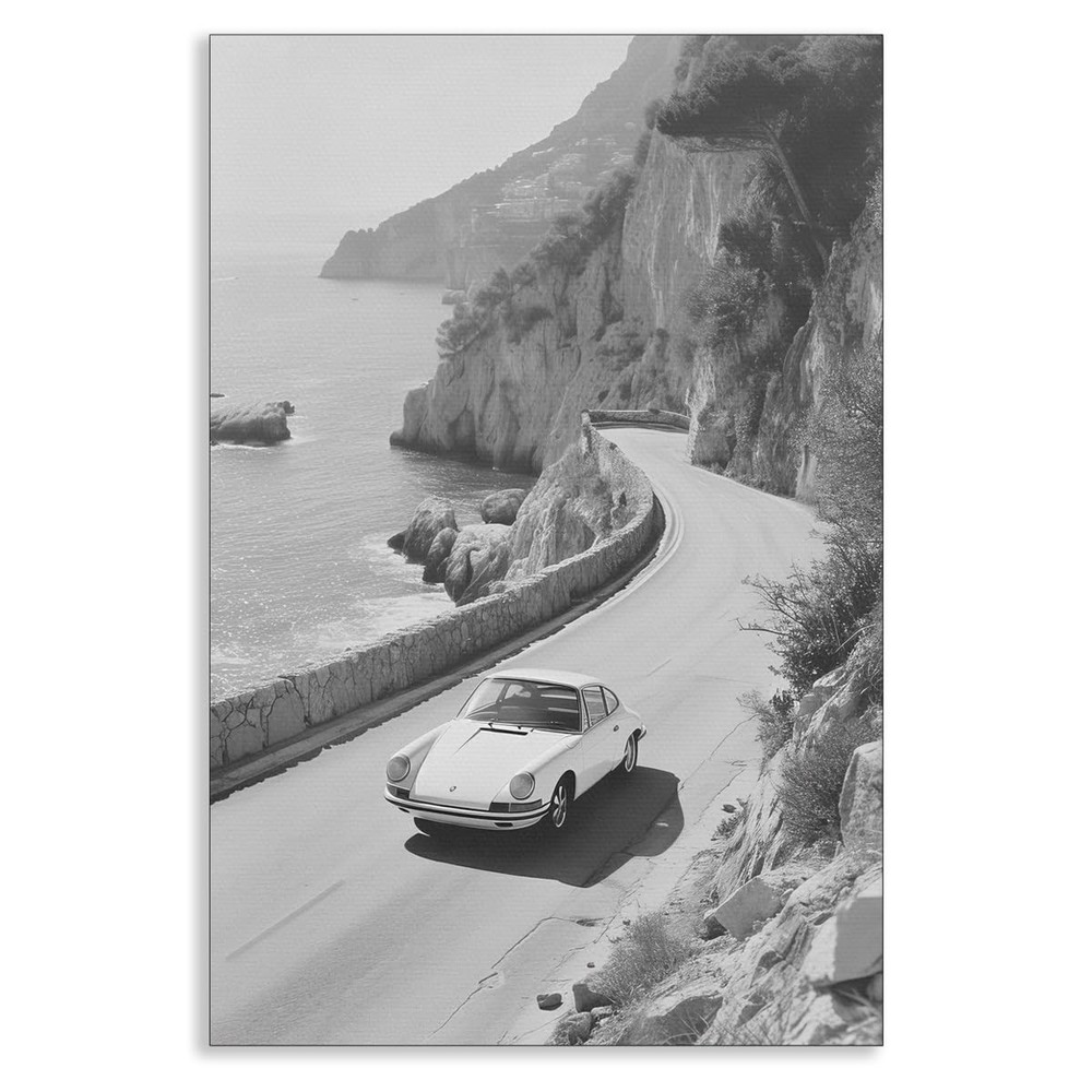 Black and White Photography Canvas Wall Art, Car Driving In Amalfi Coast Post…