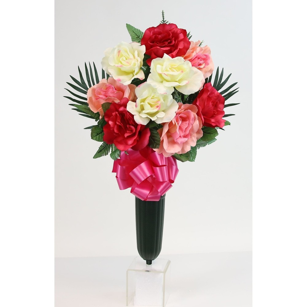 Flat Large Rose X9 Cemetery Vase N/A Fuschia Pink White