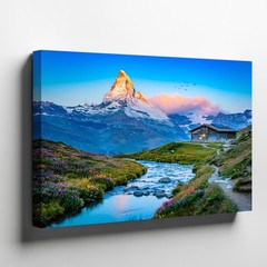 Mountain landscape canvas wall art with river stream and cabin nature print