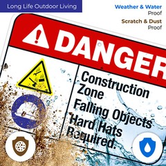 Construction Zone Falling Objects Hard Hats Required Sign, ANSI Danger Sign,