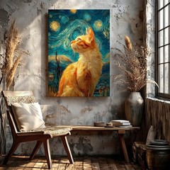 Wall Art Orange Cat Starry Night Style Canvas Print Poster Home Decor Home Decor