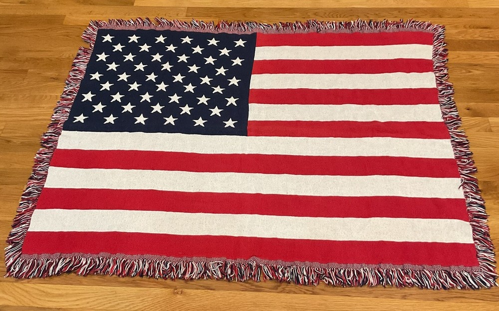 Classics Simply Country US Flag Throw Afghan Fringed Cotton Patriotic USA 48×39”
