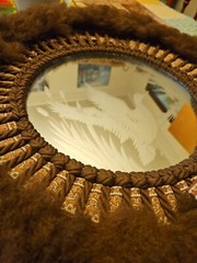VTG 70s OOAK Custom Made Macrame Etched Glass Mirror With Fuzzy Trim US Made 15″