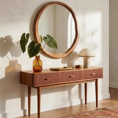30″ Walnut Round Wall Mirror,Large Solid Wood Wavy Frame, Mid-Century for Living