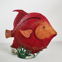 2 Metal Fish Sculptures Seagrass Base 15″ Yellow Tiger Stripe 14″ Red Angelfish