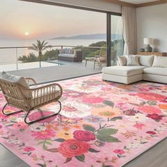 Pink Area Rugs 10×14 for Living Room, Non Slip Machine Washable Floral Rugs, Low