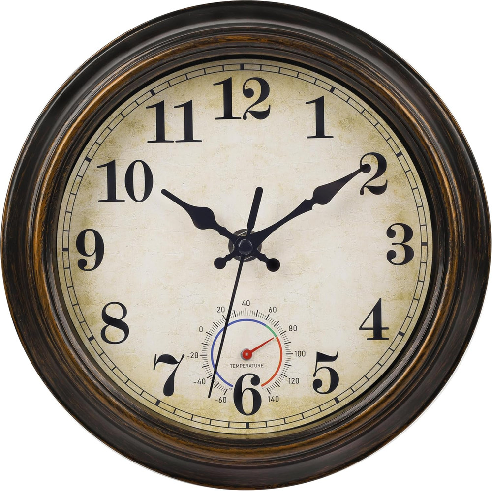 Waterproof Vintage Rustic Outdoor Clock with Thermometer – 8 Inch Bronze