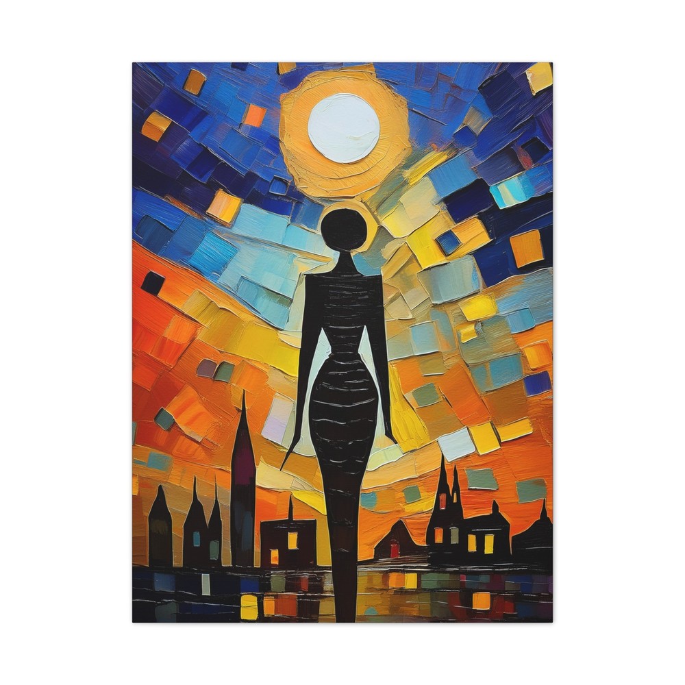 Female Silhouette Abstract Squares City Outline Canvas Wrap Stretched 16 x 20