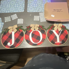 Rustic JOY Christmas Round Buffalo Plaid Wood Wall Plaques Set of 3, 10 in