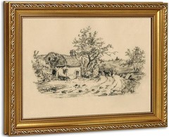 Vintage Gold Framed Cottage Sketch Wall Art – Landscape Monochrome Rural Prin…