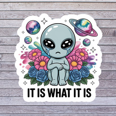 Alien sticker vinyl decal crying alien flowers planets galaxy it is what it is