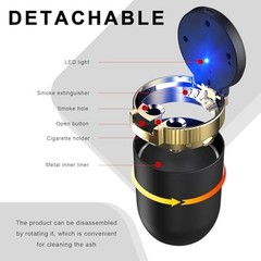 Car Ashtray with Lid, Detachable Stainless Steel Smokeless Ash Tray with Blue
