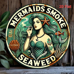 Mermaids Smoke Seaweed Metal Sign Vintage Coastal Mermaid Wall Decor