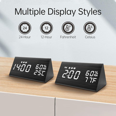 Digital Alarm Clock Wooden LED Display Dimmable 3 Alarms USB Plug Bedroom Desk
