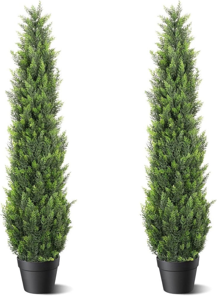 5FT Artificial Cedar Topiary Trees 2 Set, Realistic Fake Cypress Tree Tall Faux