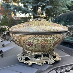 “DOMINIC”CERAMIC & BRONZE Enamel CENTERPIECE BOWL &Lid MASSIVE 20x13x9 Samutra