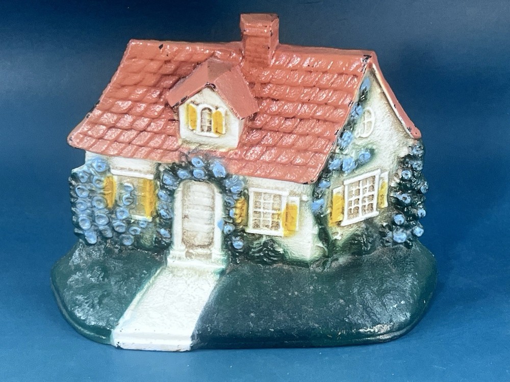 Antique HUBLEY #211 Painted Cast Iron Doorstop Cape Cod Cottage w/Fence