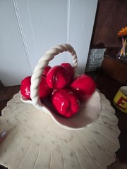 Ceramic Candy Red Apples (7) In White Basket Fruit Embossed Weave Handle