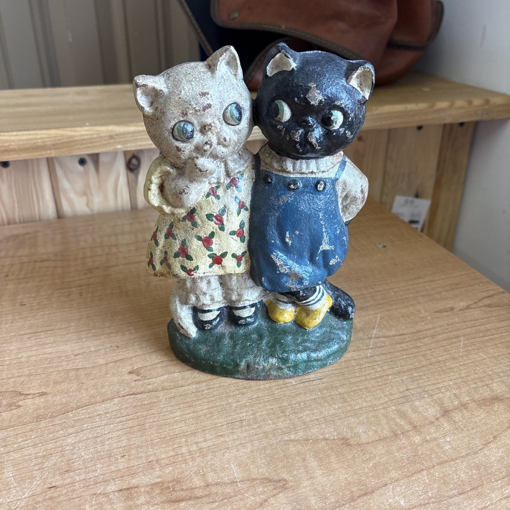 Antique Cast Iron Cat Couple Painted Doorstop Multicolor 🔥🔥🔥