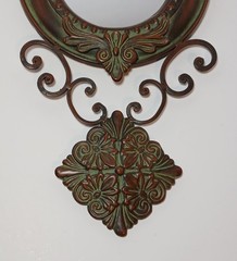 Metal Baroque Style Round Wall Mirror Green Patina Ornate Regency 18” Long