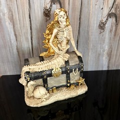 Mermaid Skeleton Figurine Pirate Treasure Chest Resin Statue 8 in Decor