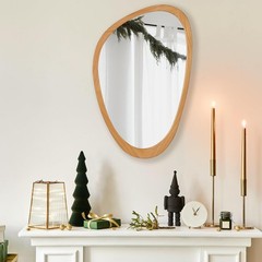 Irregular Wall Mirror 30x19in Solid Wood Frame Tempered Glass Asymmetrical Decor