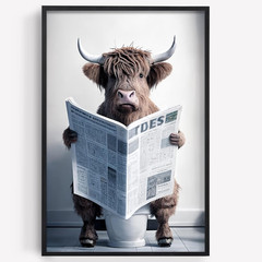 Funny Highland Cow Wall Art Canvas Bathroom Picture, Humor Animals Bathroom Artw