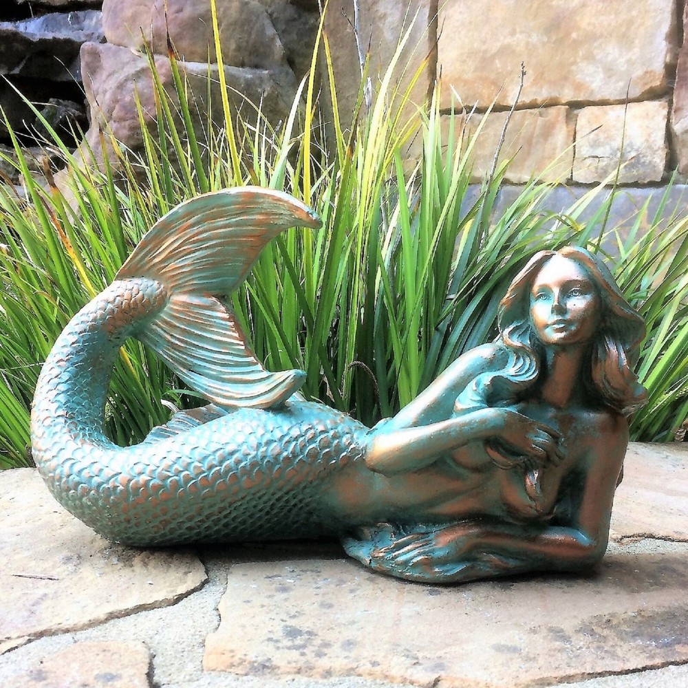 Mermaid Statue Laying Down Lady Nautical Beach Decor Bronze Patina Patio Gift 12