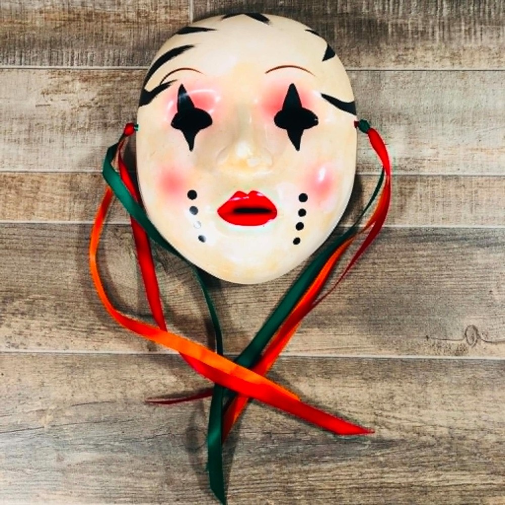 VTG 1980s Ceramic Pierrot Clown Wall Mask Harlequin Jester Ribbon Decor Theater