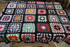 Vintage Handmade Crochet Granny Square Patchwork Afghan Black Rainbow Colors