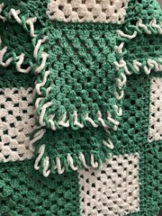 crochet granny square afghan blanket vintage 60 inch By 36 inch Green White