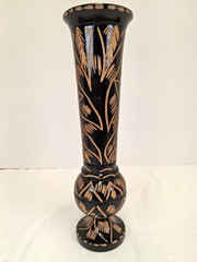 BLACK WOODEN VASE WITH HAND CARVED DESIGNS – 11.5″ TALL – EXCELLENT