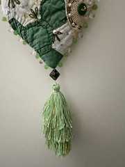 HANGING HEART beaded *HANDMADE* from antique quilt, hand embroidered, tassel