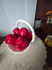 Ceramic Candy Red Apples (7) In White Basket Fruit Embossed Weave Handle