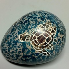 Solid Stone 3″ Turtle Egg Hand Etched Soapstone Art Vtg Cobalt Blue Kenya Craft