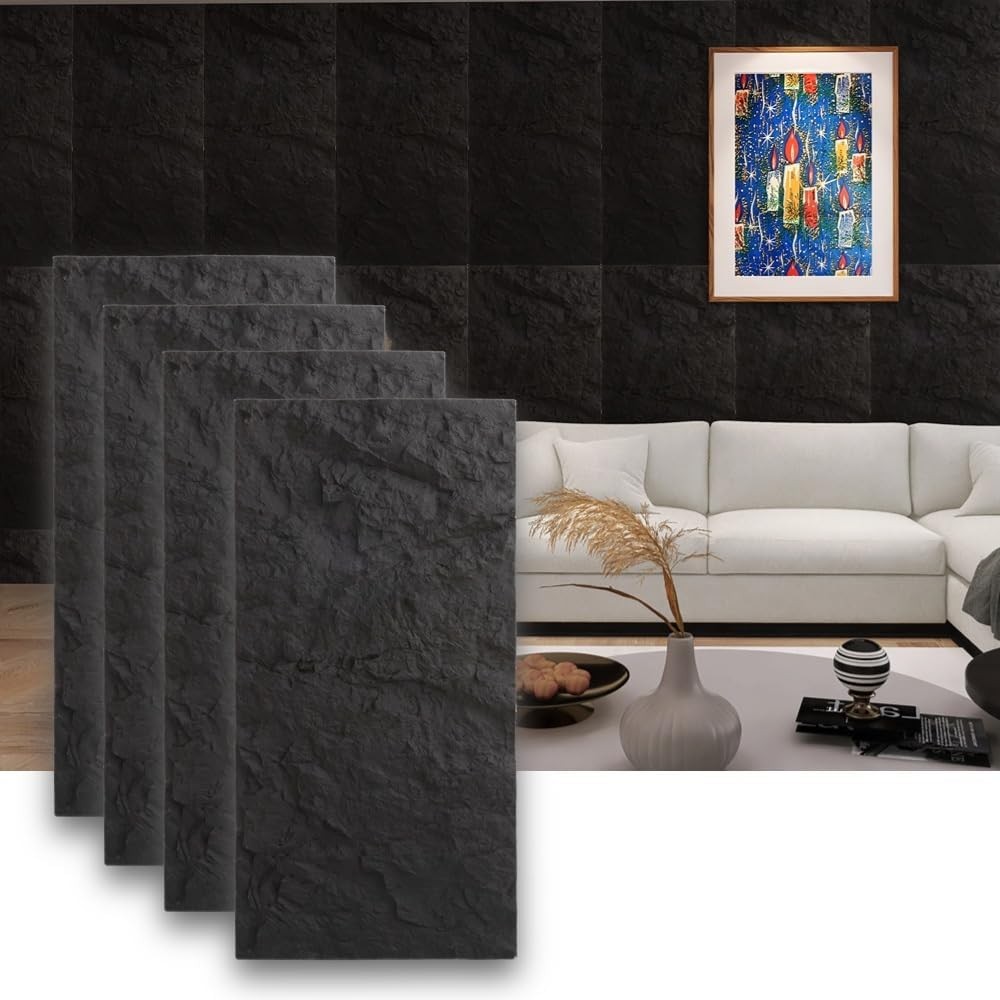 4 Pack 3D PU Faux Stone Wall Panels Black Waterproof Accent Tiles Decor