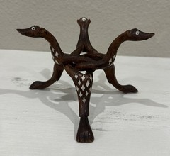 VTG Hand Carved Wood Tripod Holder Stand Mother Of Pearl Inlay See Description