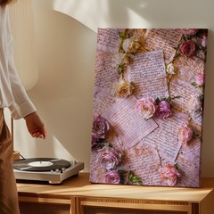 Vintage Handwritten Letters With Pink And White Roses Floral Canvas Wall Art