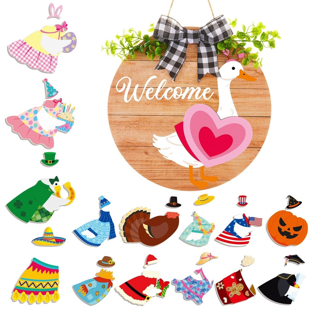 16 Pcs Interchangeable Goose Welcome Sign for Front Door Valentine’s Day 11.8…