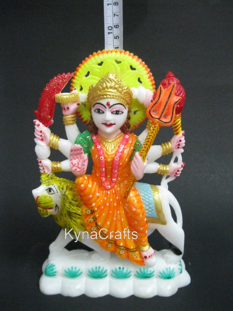 Carving Work Maa Durga Sculpture White Marble Mata Rani Statue 9.5 Inches