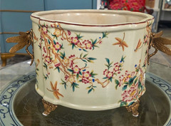 Porcelain Oval Planter with Ormolu Dragonfly Handles-Floral Vine-14» x 8»H